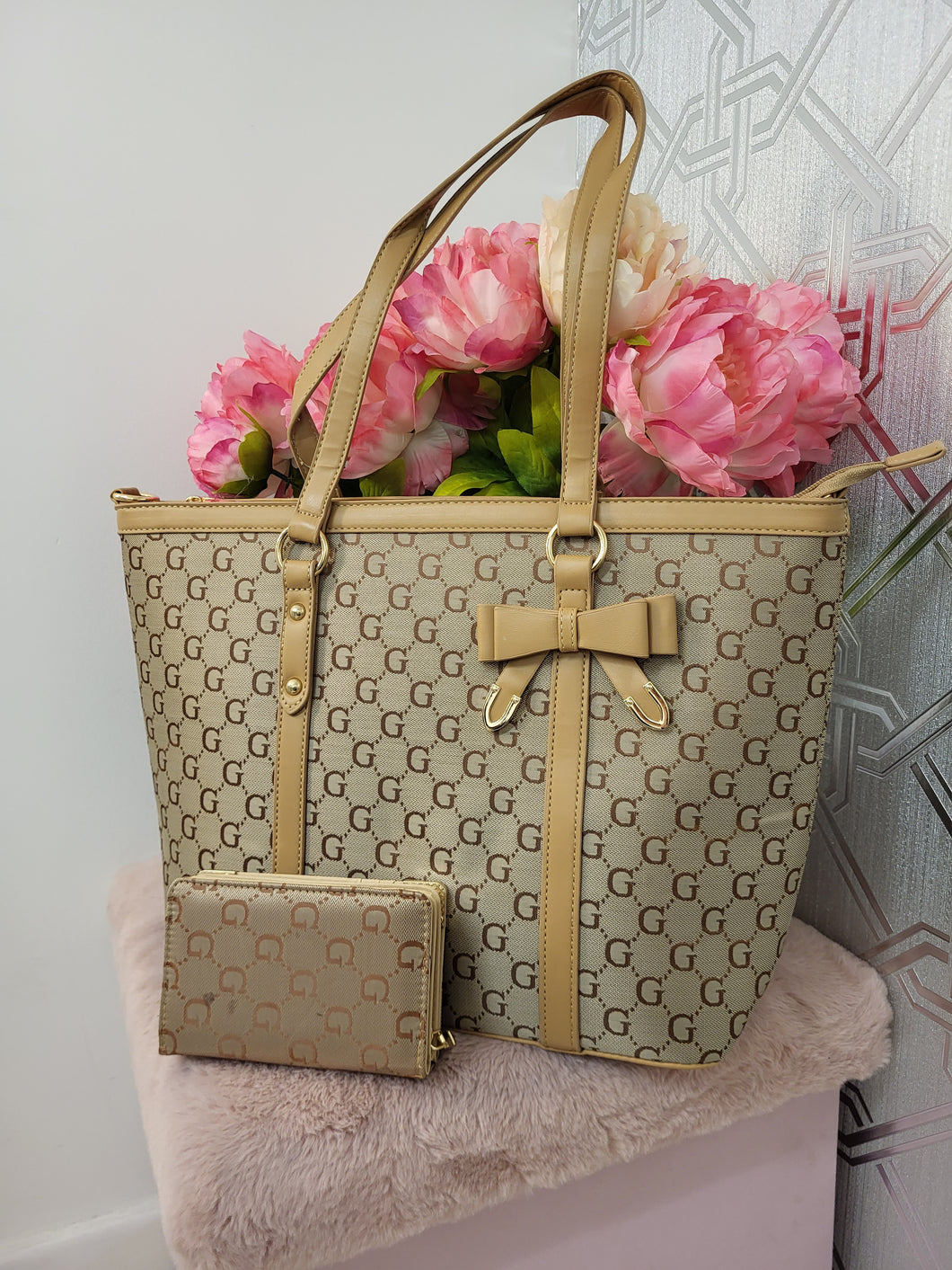 Bow tote bag and purse set  - beige